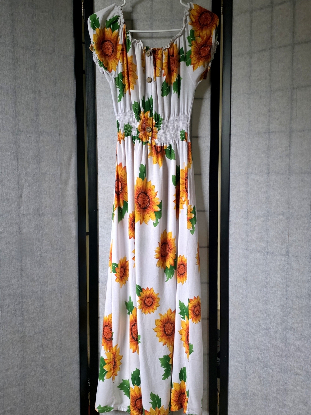 White Rayon Maxi Dress with Bold Sunflower Print